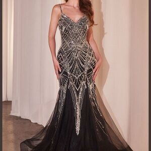 Cinderella Black and Silver Beaded Prom Dress